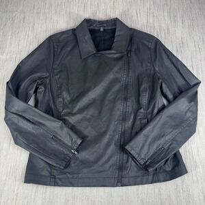 Eileen Fisher Womens Black Coated Organic Cotton Moto Jacket Asymmetric Zip M